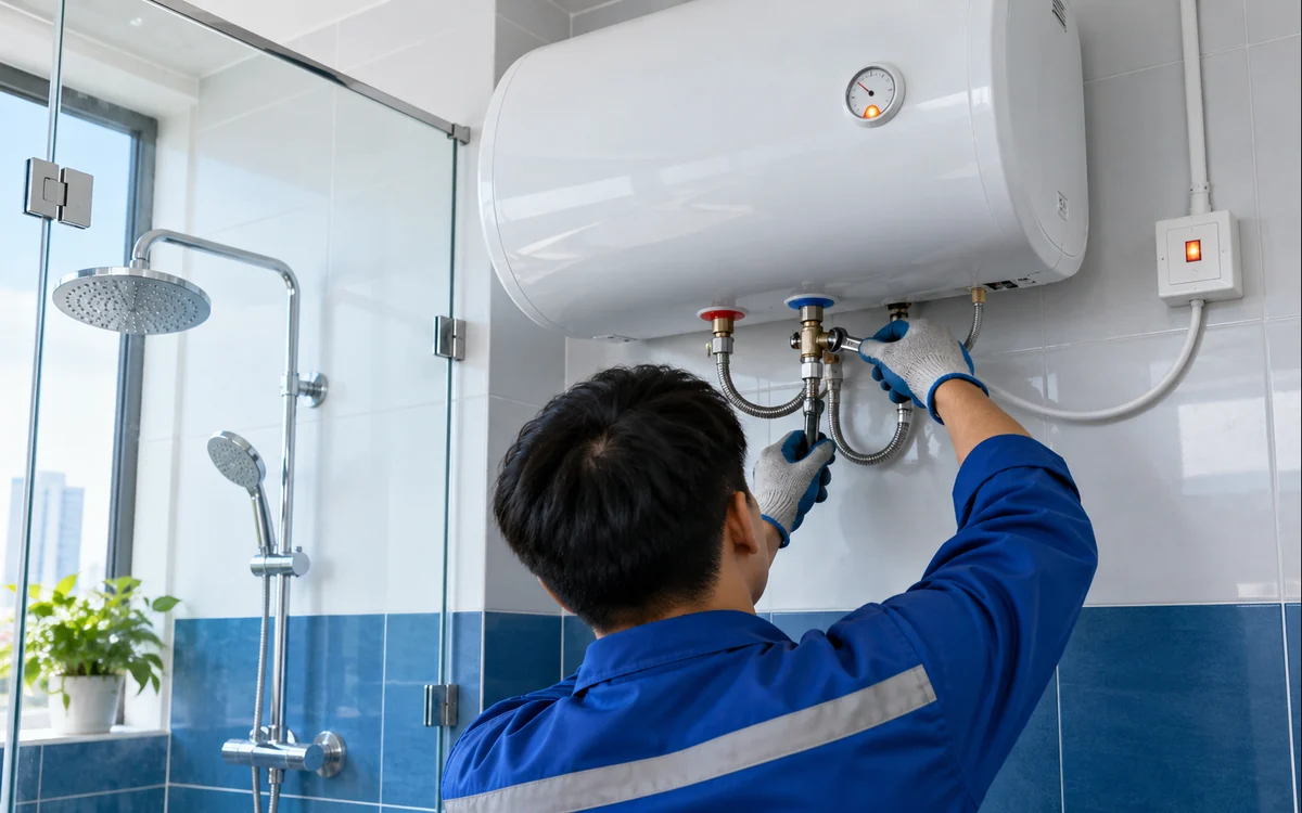 Bình nóng lạnh gắn tường cạnh vòi sen trong nhà tắm