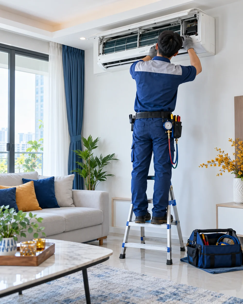 Thợ kiểm tra dàn lạnh điều hòa treo tường trong phòng khách