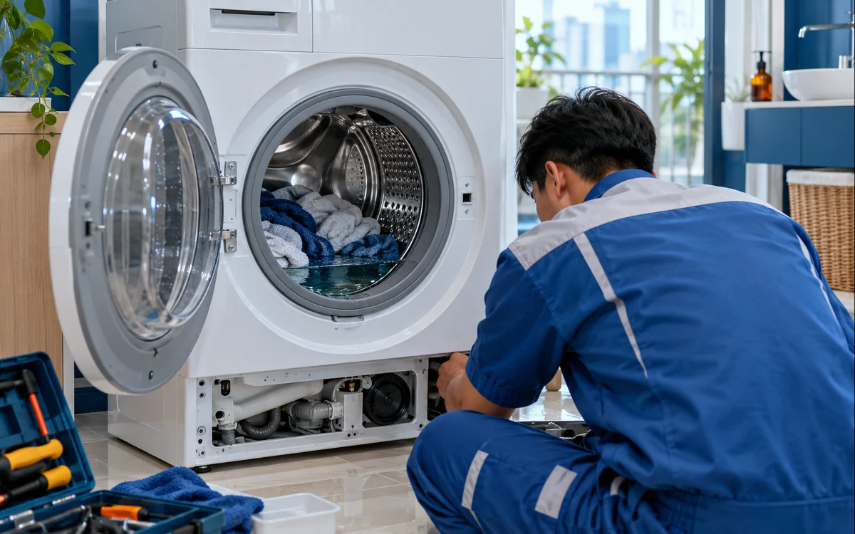 Lồng máy giặt còn đọng nước sau khi giặt xong