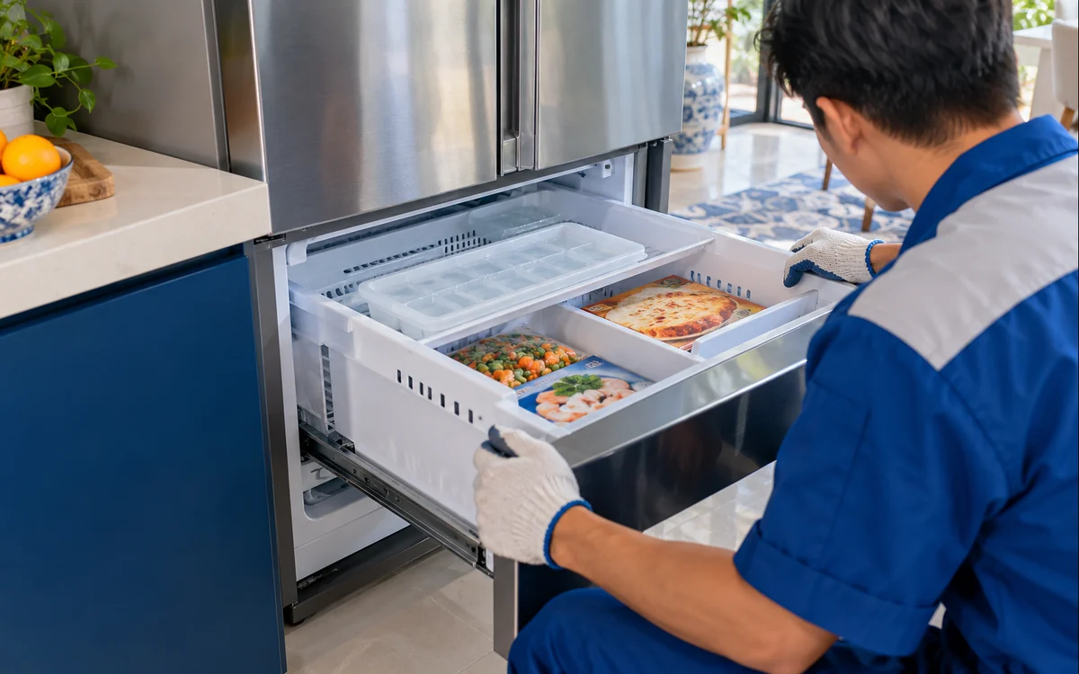 Ngăn đá tủ lạnh mở cửa có khay đá chưa đông